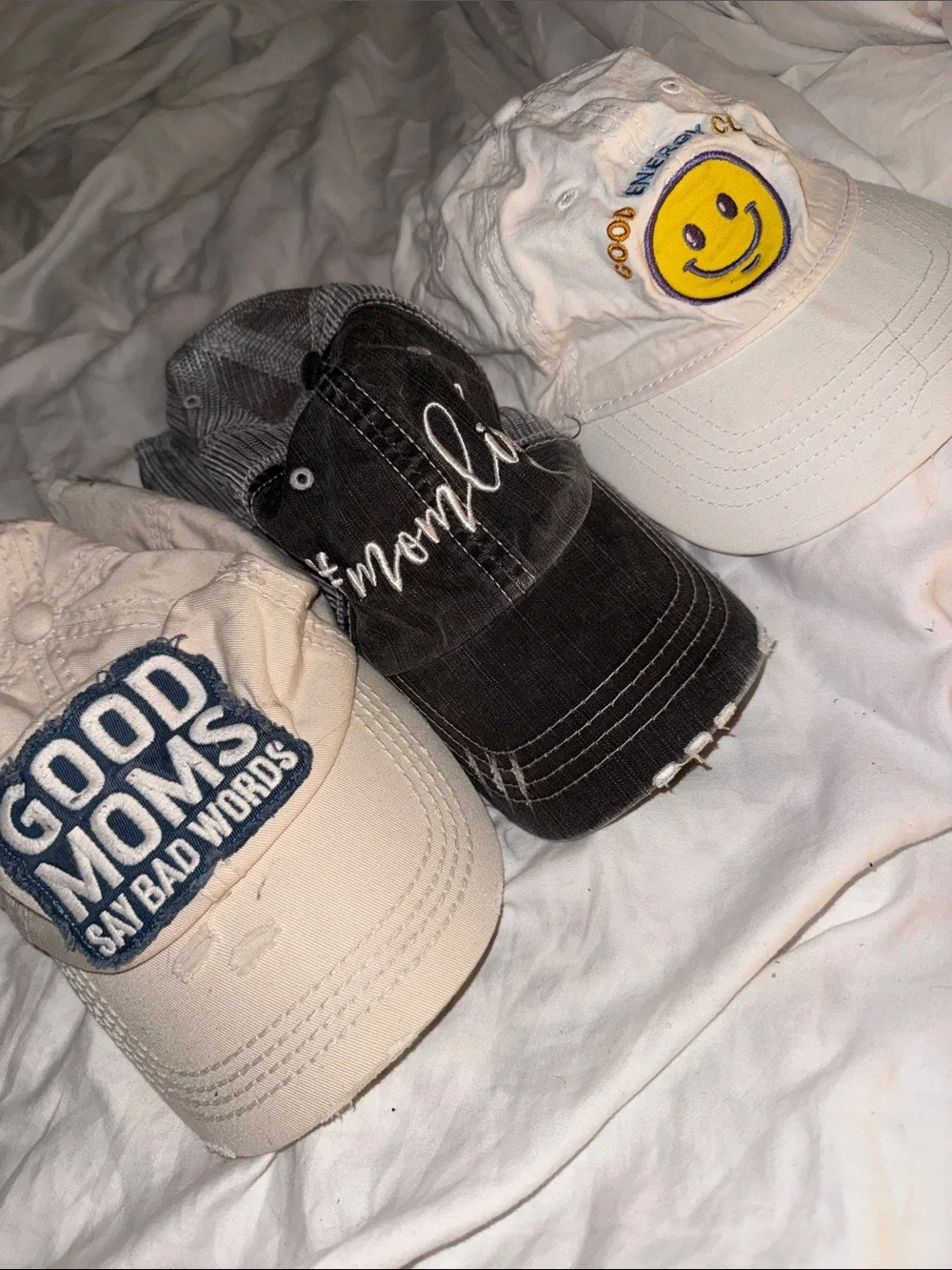 Black Distressed Cotton Baseball Cap with White Script Embroidery